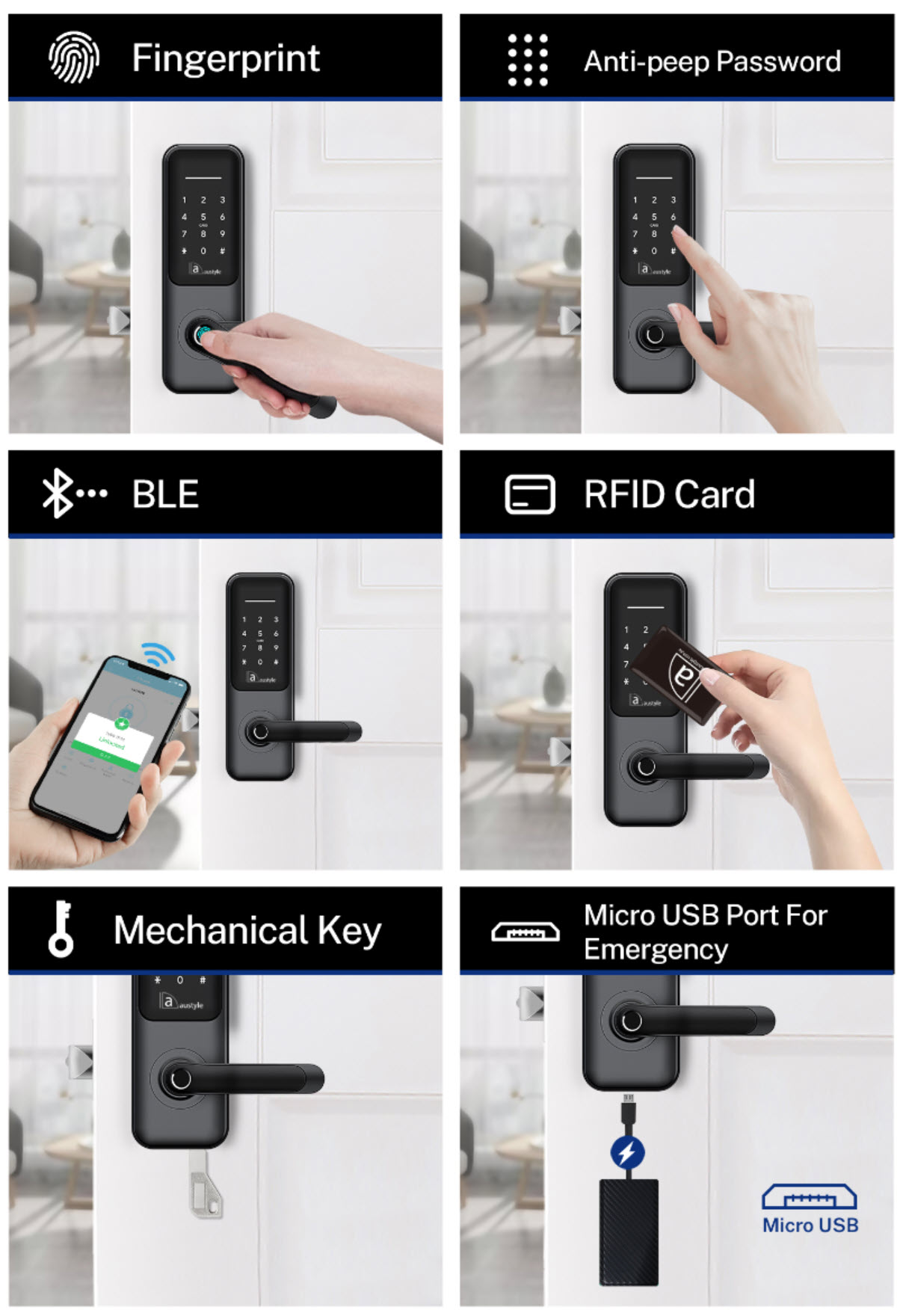 Austyle 59410 smart lever set access methods showing Bluetooth fingerprint PIN code RFID card mechanical key WiFi Alexa and Google Assistant