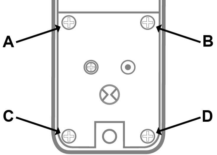 Back of a Borg inside handle with the four plate screws marked A, B, C and D, which are undone to reach the holdback snib
