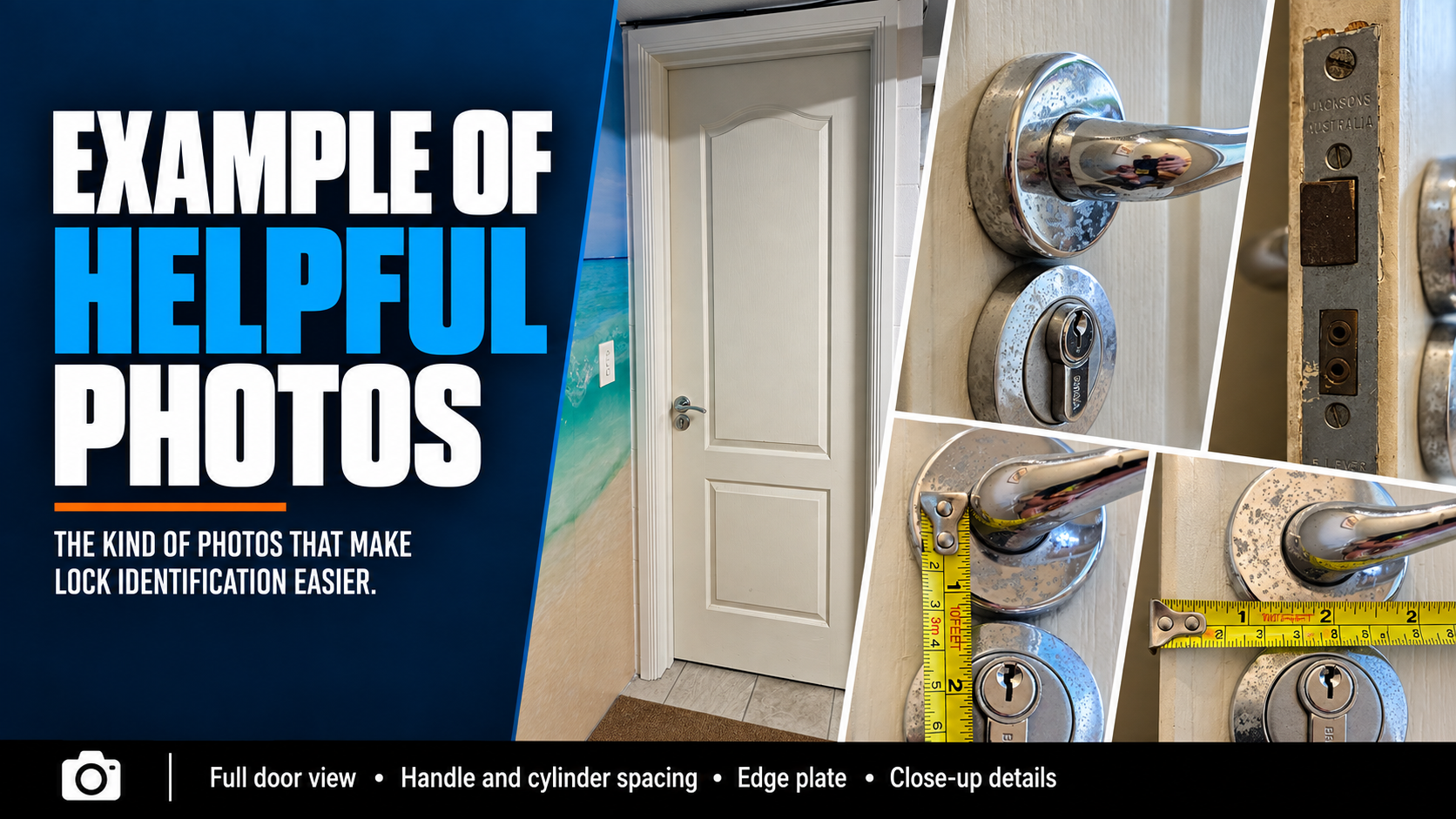 Example of helpful photos banner from Terry’s Gold Coast Smart Locks showing a whole-door shot, lock close-ups and tape-measure photos