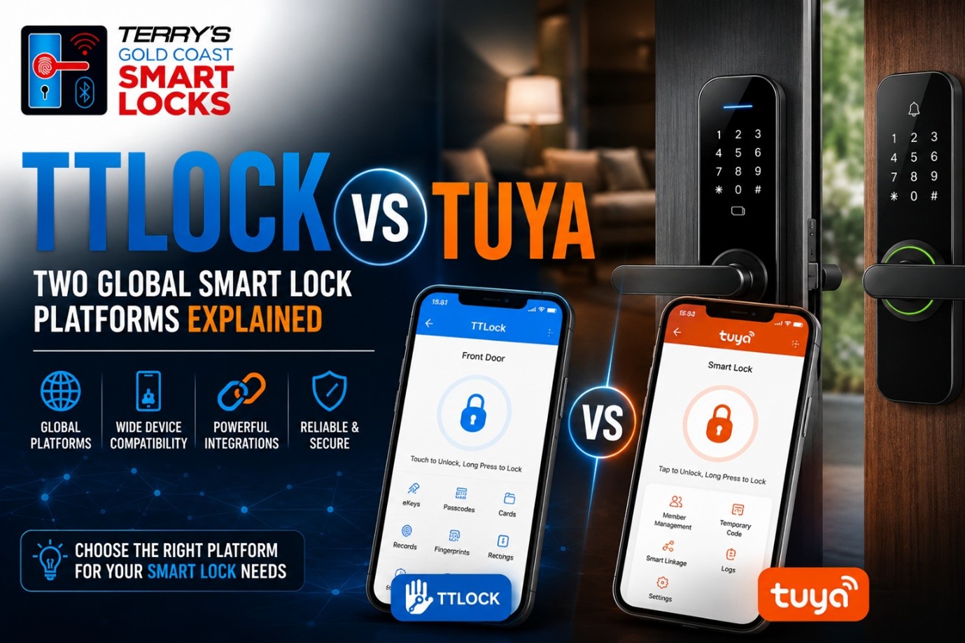TTLock vs Tuya — two global smart lock platforms explained. The TTLock app and the Tuya Smart app shown side by side on phones beside two smart locks. Terry’s Gold Coast Smart Locks.