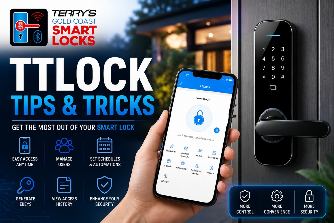 TTLock Tips & Tricks — get the most out of your smart lock. A smart lock keypad alongside the TTLock app open on a phone. Terry’s Gold Coast Smart Locks.