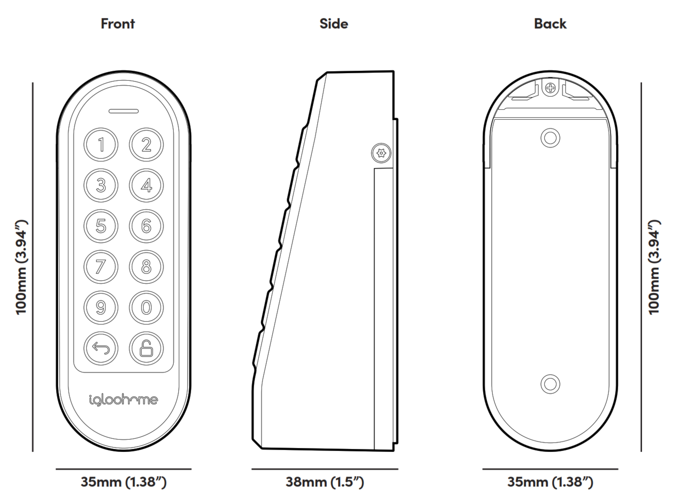 Igloohome Keypad dimensional drawing showing front side and back views with measurements 35mm width 100mm length and 38mm depth