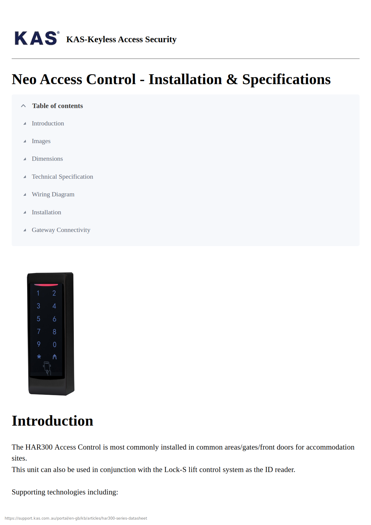 KAS NEO Access Control Installation and Specifications page 1