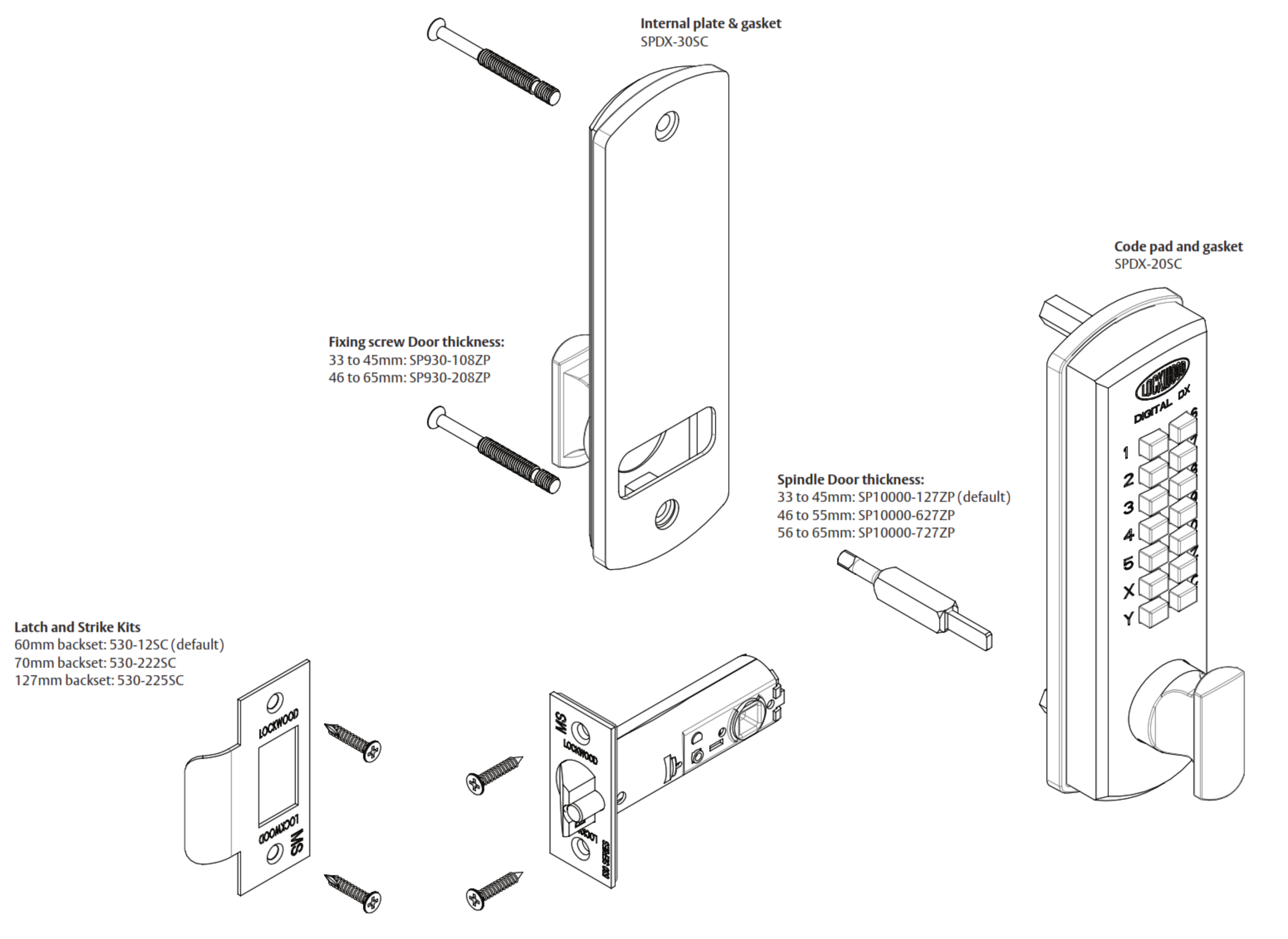 Lockwood 530DXSC exploded view showing code pad (SPDX-20SC), internal plate (SPDX-30SC), spindle, latch and strike kit part numbers