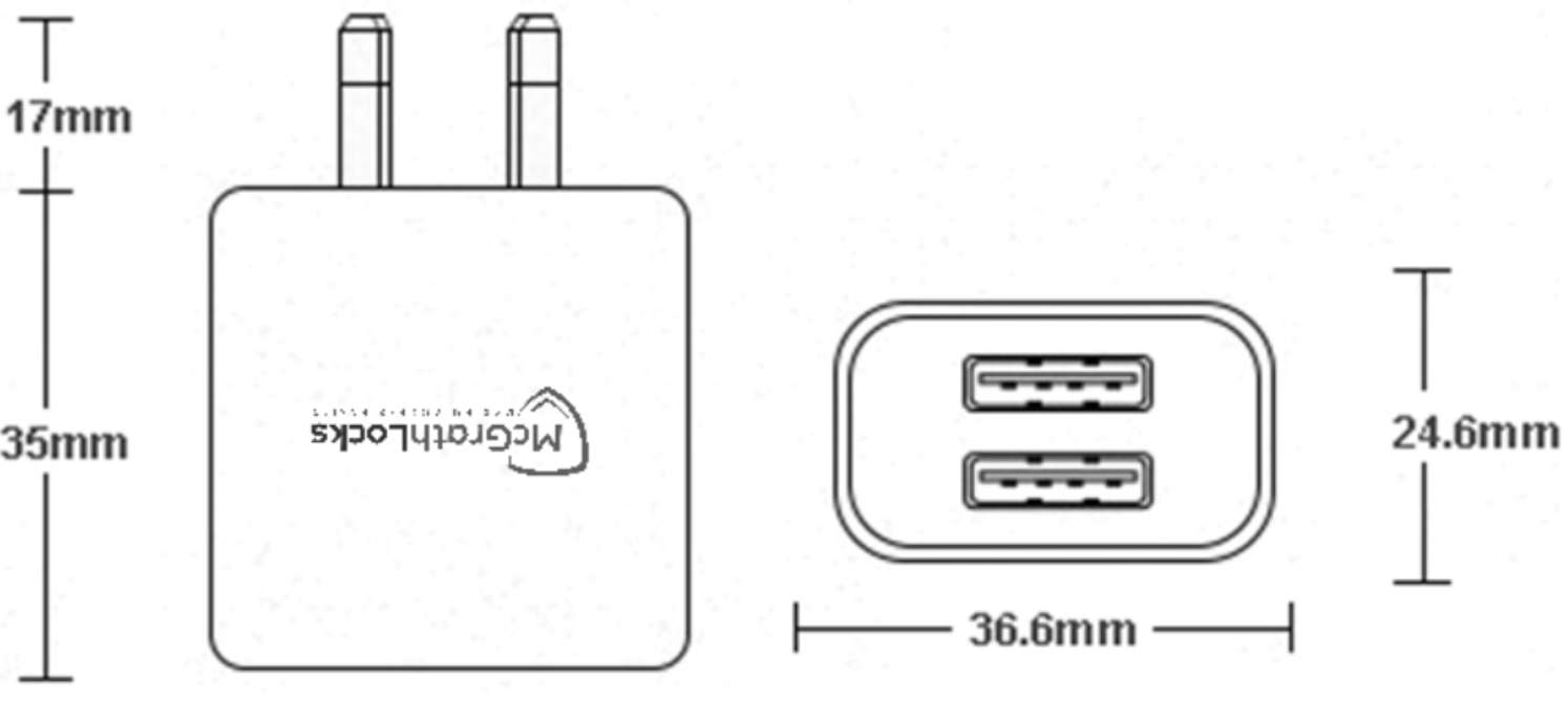 McGrath 240V dual USB wall adaptor dimensions