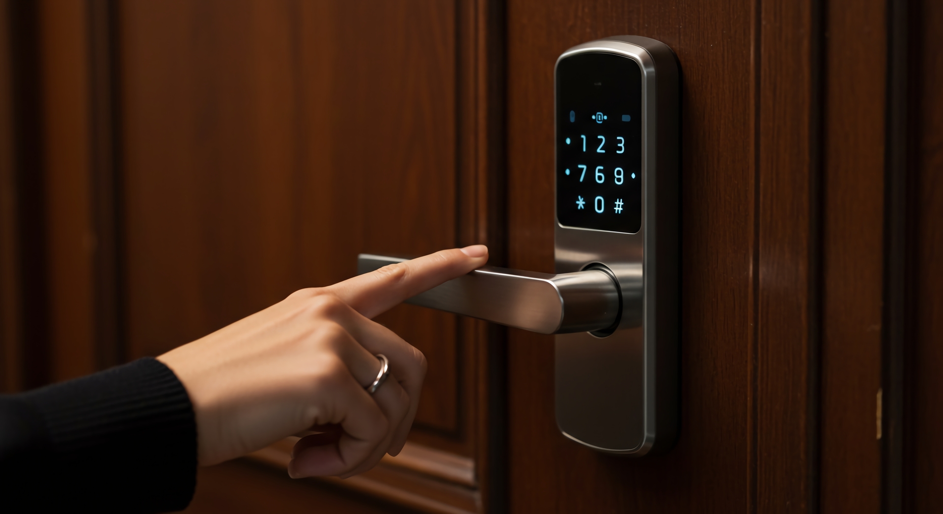 Digital door lock with keypad on timber door &mdash; smart home access control
