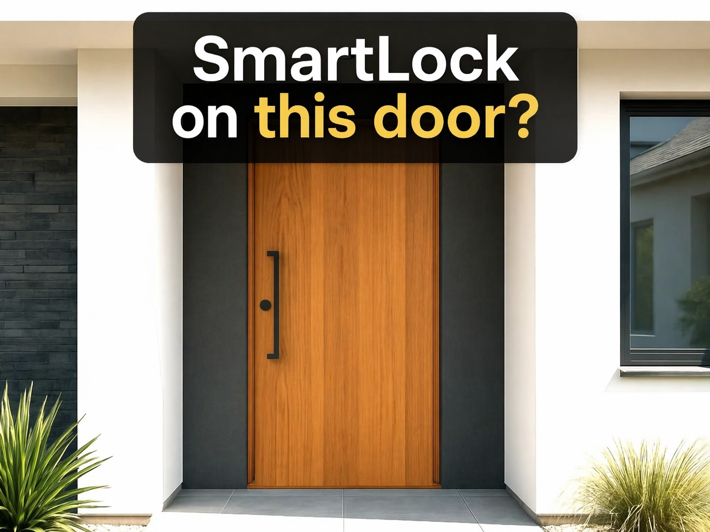 Smart lock on a door with existing vertical push pull handle