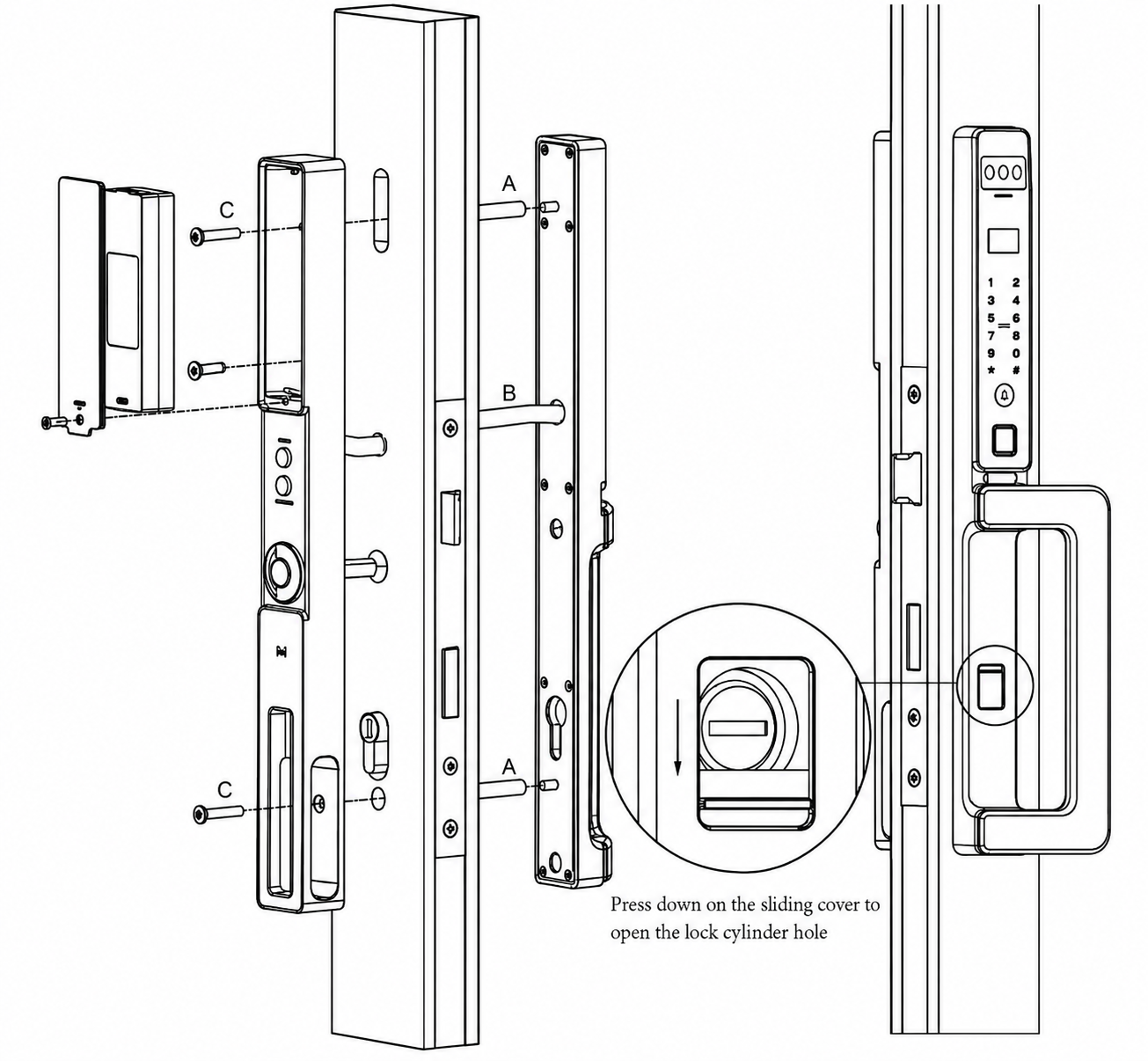 Vault Alpha installation and assembly diagram Vault Alpha installation and assembly exploded diagram showing panels, fixing screws, square bar and lock cylinder