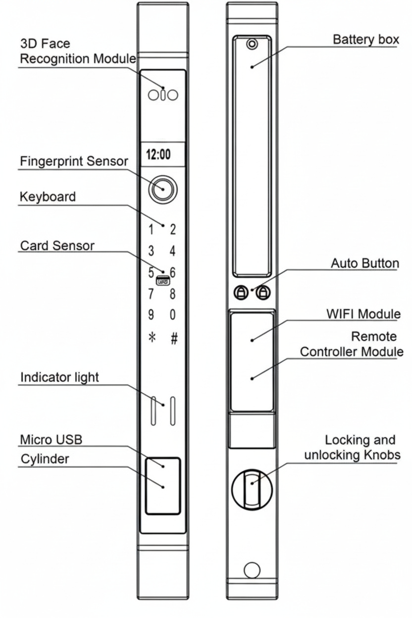 Vault Zenith front and back panel layout Vault Zenith front and back panel layout showing 3D face module, fingerprint sensor, keypad, card sensor, indicator light, micro USB, cylinder, battery box, auto button, WiFi and remote controller modules and locking knobs