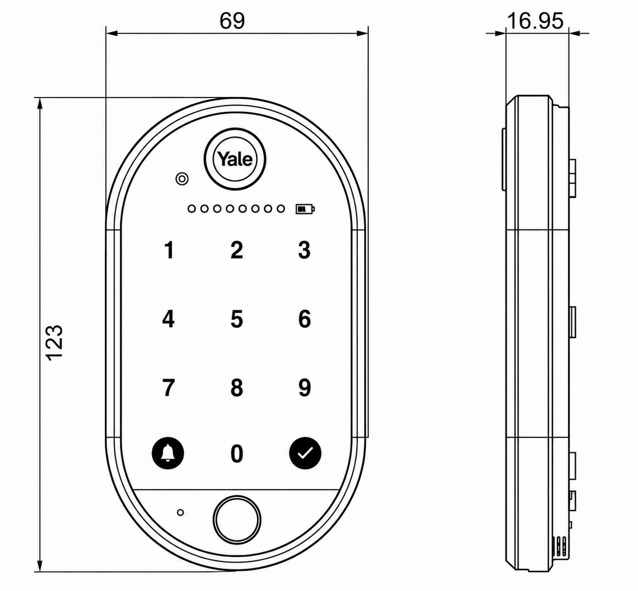 Yale Smart Keypad 2 dimensions front and side schematic 122mm high 69mm wide 19mm deep