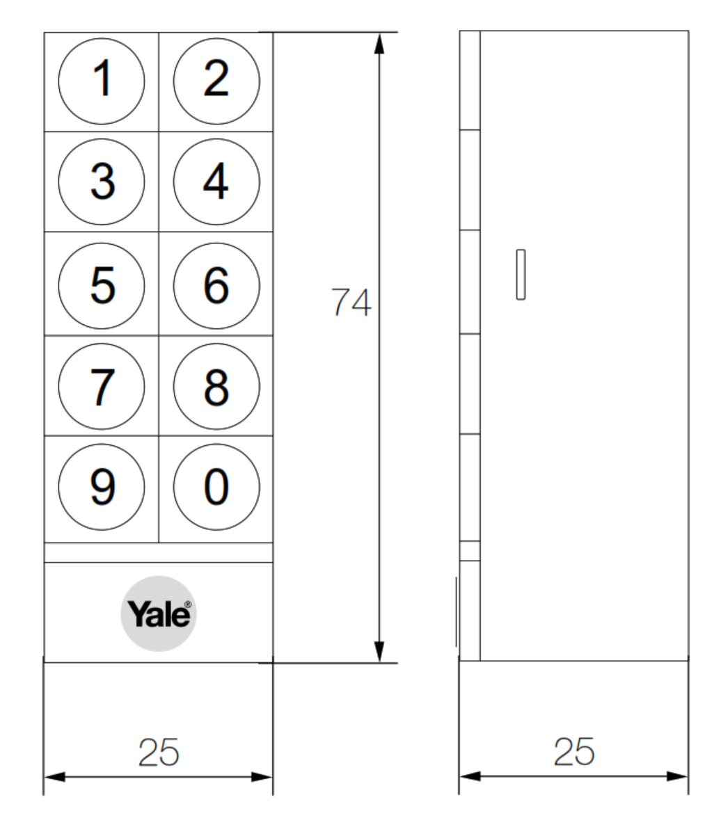 Yale Smart Keypad dimensions - 25mm wide, 74mm high, 25mm deep Yale Smart Keypad dimension drawing - front view showing the 1 to 0 keypad and Yale logo at 74mm high and 25mm wide, side view at 25mm deep